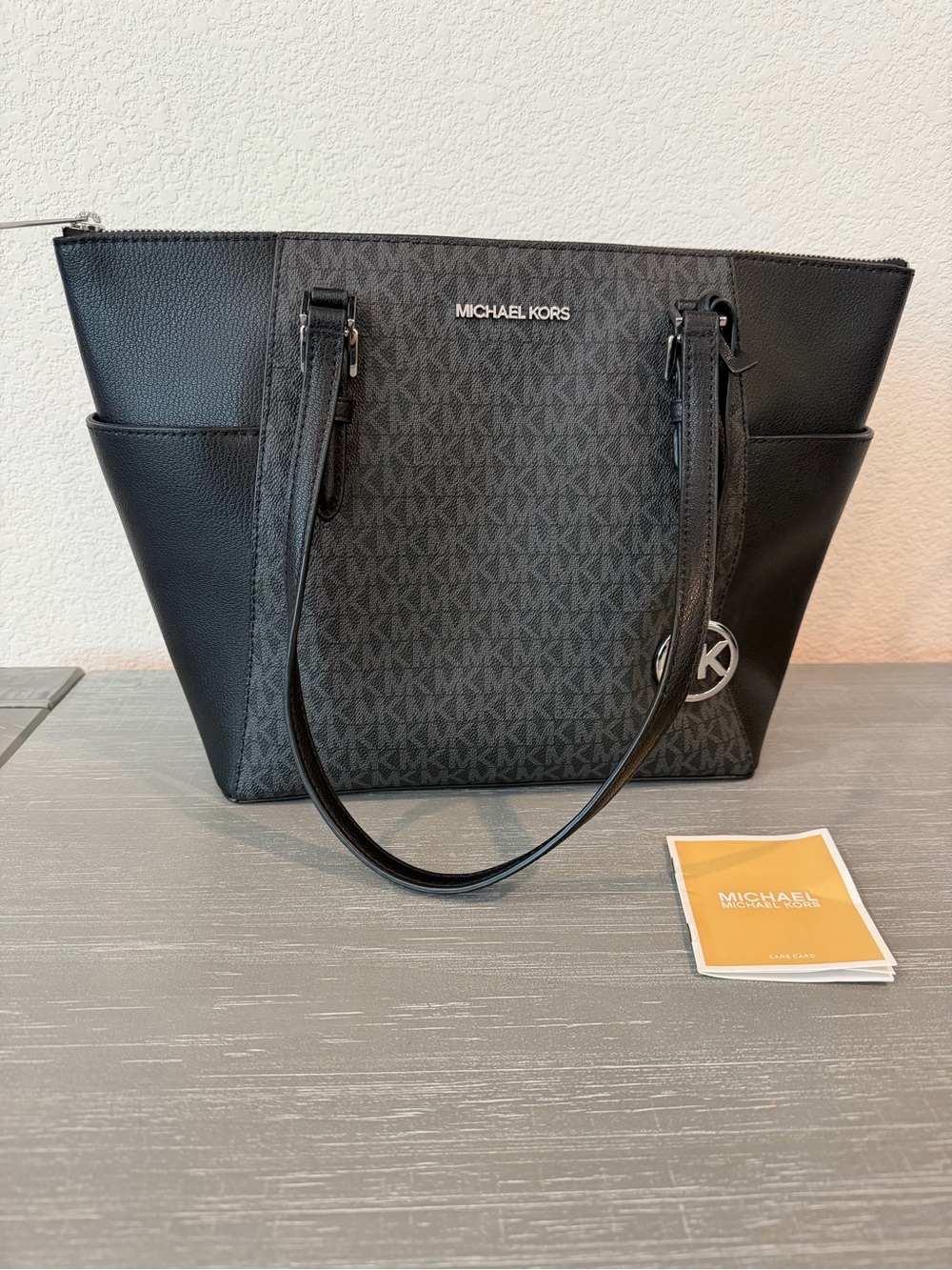 Michael Kors Black Logo-Print Tote with Silver MK Charm